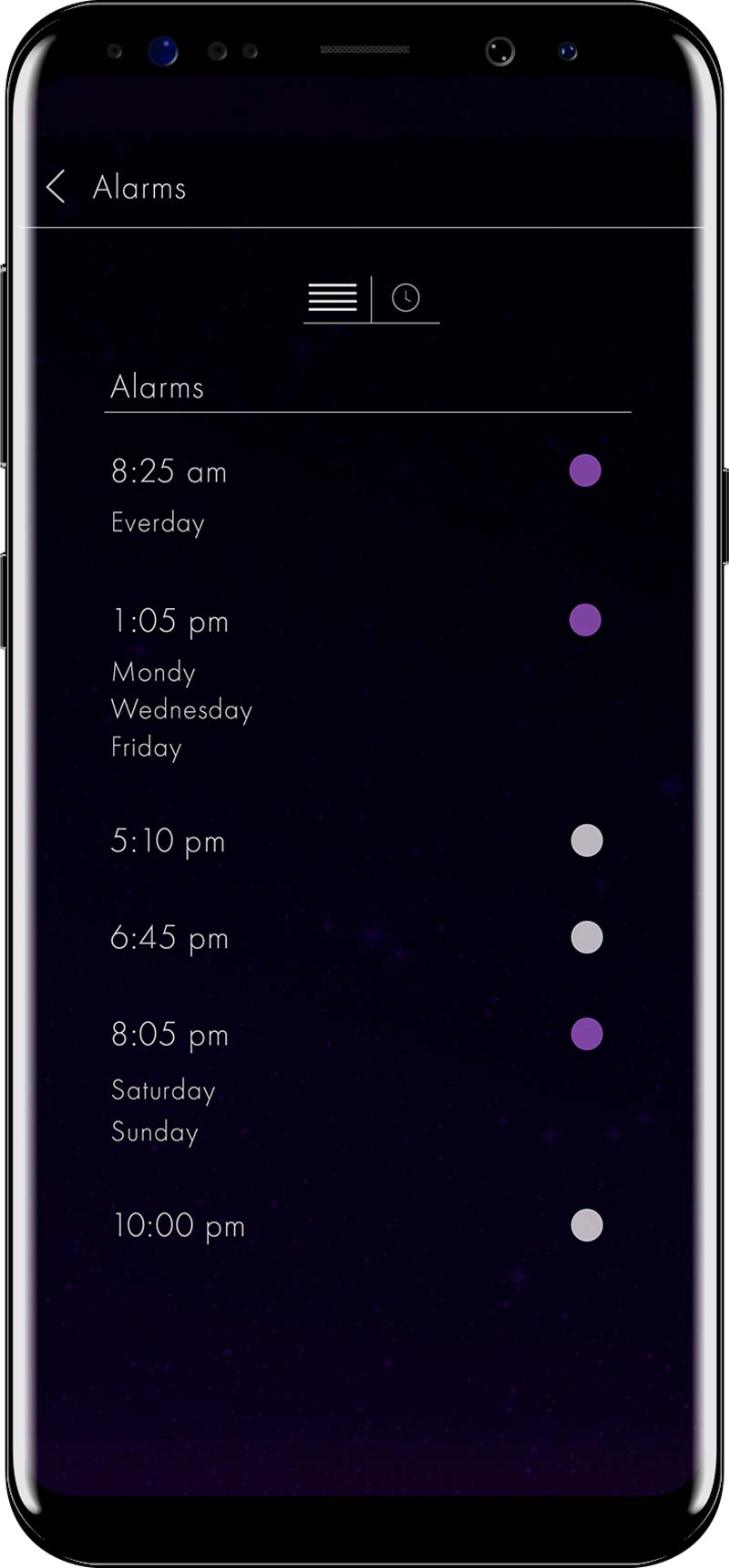 Phone Displaying Alarms Screen